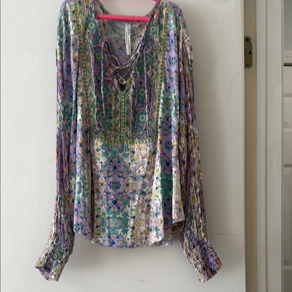 Anthropologie Purple and Green Graphic Embellished Blouse